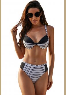 Black Colorblock Striped Bikini Swimsuit