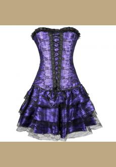 purple Women Layered Lace Up Bone Corsets Floral Corset Dress Women Bustier With Mini Skirt