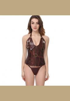 Retro Bustiers Corsets Women Zipper Brown Brocade Steampunk Corset Top with G String