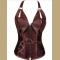 Retro Bustiers Corsets Women Zipper Brown Brocade Steampunk Corset Top with G String