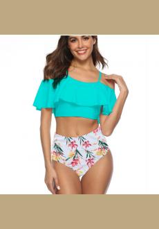 Womens Sexy Tankini Swimsuit,Two-Piece Flounce Ruffle Cami Swimwear Crop Top Hight Waisted Floral Print Beach Bottom