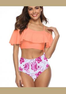 Womens Sexy Tankini Swimsuit,Two-Piece Flounce Ruffle Cami Swimwear Crop Top Hight Waisted Floral Print Beach Bottom
