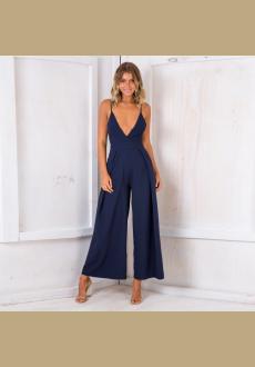 Women's Spaghetti Strap Deep V Backless Tie Back Wide Leg Jumpsuits