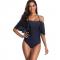 Women One Piece Sexy V Neck Off Shoulder Ruched Flounce Flutter Tummy Control Backless Monokini Swimsuit