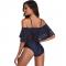 Women One Piece Sexy V Neck Off Shoulder Ruched Flounce Flutter Tummy Control Backless Monokini Swimsuit