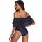 Women One Piece Sexy V Neck Off Shoulder Ruched Flounce Flutter Tummy Control Backless Monokini Swimsuit