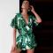 summer beach cover up leaf print jumpsuit sexy playsuit women beach dress deep v neck jumpsuit women