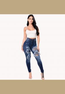 Women Slim Washed Ripped Hole Gradient Long Jeans Denim Sexy Regular Pants