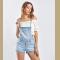 High Waisted Solid Denim Romper Shorts in Light Blue