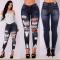 Women Fashion Ripped High Waist Bodysuit Denim Jeans Pencil Pants