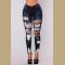 Women Fashion Ripped High Waist Bodysuit Denim Jeans Pencil Pants