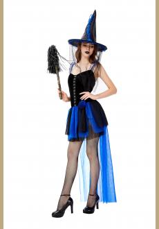 Sexy Gothic Black Witch Mini High-low Dress Adult Halloween Cosplay Costume with Hat