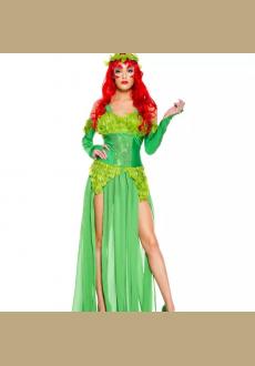 3Pcs Elegant Green Jungle Girl Low-cut High Waist Dress Halloween Cosplay Costume