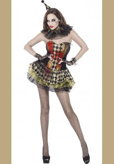 Women's Harlequin Horror Circus Girl Clown Mini Dress Cosplay Halloween Costume
