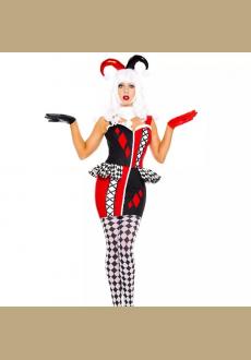 Sexy Supervillain Harley Joker Black and Red Clown Halloween Costume with Stockings