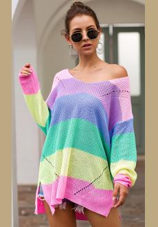 Sweaters for Womens Rainbow Stripe Patchwork Plus Size Long Sleeve Breathable Knit Shirts Top