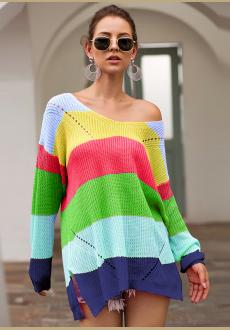 Blue Color Block Knit One Shoulder Casual Sweater