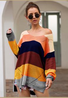 Top Loose Women's Blouse Knitted Patchwork Rainbow Stripe Print Shirts T-Shirt Sweater Womens Tops Shirt Costume Clothin