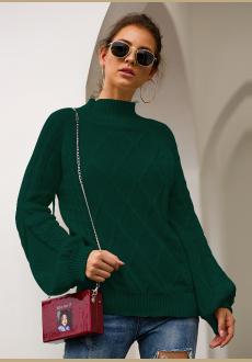 Women Turtleneck Knit Long Loose Lantern Sleeve Solid Color Fashion Warm Sweater Pullover Tops