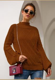 Women Turtleneck Knit Long Loose Lantern Sleeve Solid Color Fashion Warm Sweater Pullover Tops