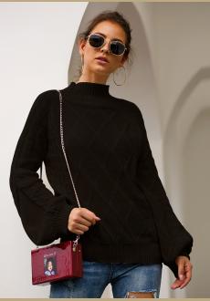 Women Turtleneck Knit Long Loose Lantern Sleeve Solid Color Fashion Warm Sweater Pullover Tops