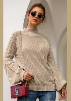 Women Turtleneck Knit Long Loose Lantern Sleeve Solid Color Fashion Warm Sweater Pullover Tops