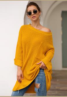 Yellow Knit One Shoulder Long Sleeve Casual Sweater