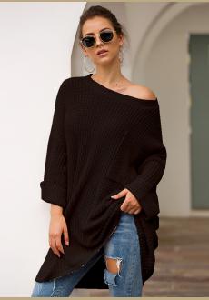 Black Knit One Shoulder Long Sleeve Casual Sweater