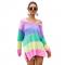 Sweaters for Womens Rainbow Stripe Patchwork Plus Size Long Sleeve Breathable Knit Shirts Top