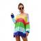 Blue Color Block Knit One Shoulder Casual Sweater