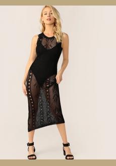 Black Crochet Knit Sheer Beach Cover Up Midi Tunic Dress