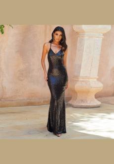 Black Sequin Cross Back Fishtail Maxi Dress