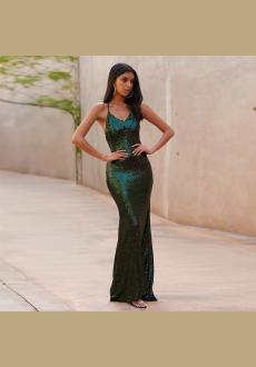 Green Sequin Cross Back Fishtail Maxi Dress