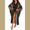 Sexy See Through Embroidered Long Kimono Cardigan  Black Lace Tunic Women Beach Wear Swimsuit Cover Up