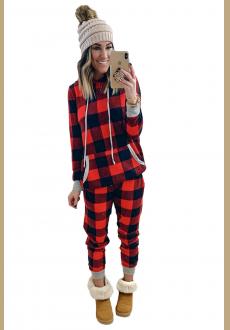 Red Plaid Pocket Drawstring Christmas Hooded Pajamas Set