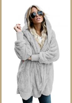 Grey Soft Fleece Hooded Open Front Coat