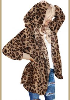 Leopard Soft Fleece Hooded Open Front Coat