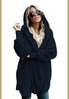 Blue Soft Fleece Hooded Open Front Coat