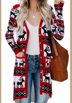 Red Christmas Element Print Long Cardigan