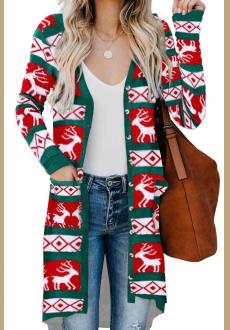 Red Christmas Element Print Long Cardigan