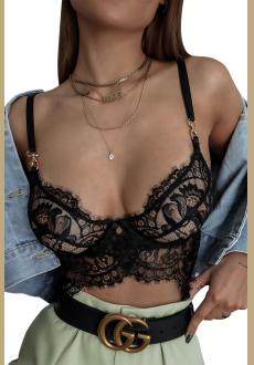 Black V Neck Eyelash Lace Bralette