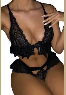 Black Ruffle Lace Bralette Lingerie Set