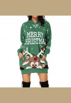 Women's Christmas Printed Long Sleeve Hooded Pockets Pullover Hoodie Dress Tunic Sweatshirt
