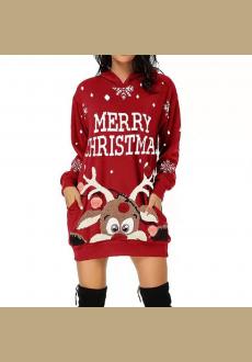 Women Christmas Printed Long Hoodie Sweatshirt Casual Long Sleeve Pullover Hoodie Dress with Pockets