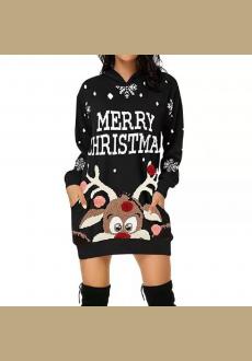 Women Christmas Printed Long Hoodie Sweatshirt Casual Long Sleeve Pullover Hoodie Dress with Pockets