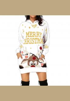 Women Christmas Printed Long Hoodie Sweatshirt Casual Long Sleeve Pullover Hoodie Dress with Pockets