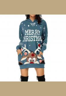 Women Christmas Printed Long Hoodie Sweatshirt Casual Long Sleeve Pullover Hoodie Dress with Pockets