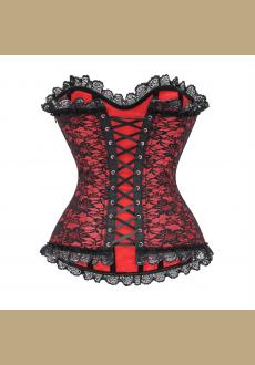 Womens Gothic Lace-Up Overbust Corset with Floral Jacquard and Lace Trim