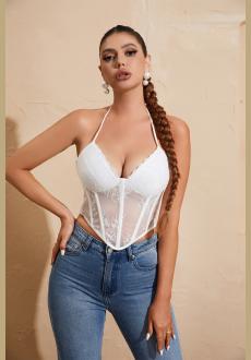 Solid Corset Lace Splicing Halter Top Elegant Women Corset Top