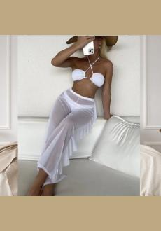 Women Sheer Bikini Sets with Ruffle Cover Up Long Pants Sexy Mesh Swimsuits